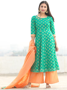 Pakiza - Green Gold Printed Kurta Chanderi Palazzo Set With Dupatta - SS02FYYY