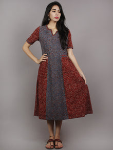 Indigo Maroon Beige Ajrakh Hand Block Printed Cotton Panel Dress With Front Pockets - D2164902