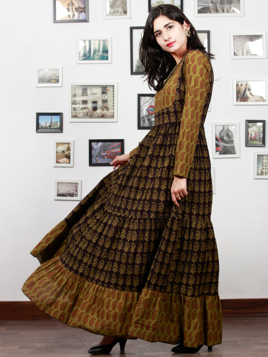 Olive Green Black Bagh Printed Cotton Long Tier Dress  - D135F1704