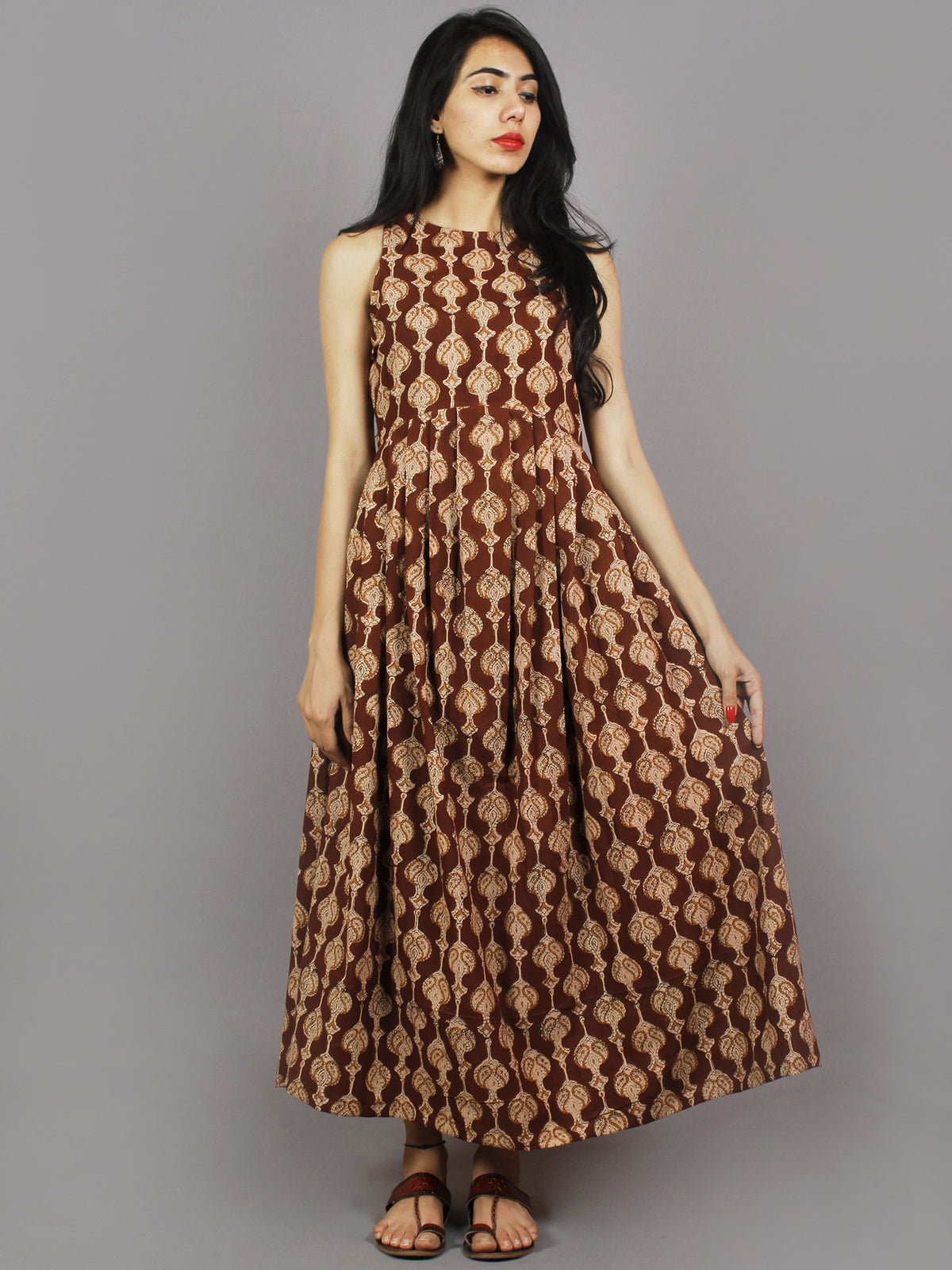 Chocolate Brown Beige Black Long Sleeveless Hand Block Printed Cotton Dress With Knife Pleats & Side Pockets - D3258201