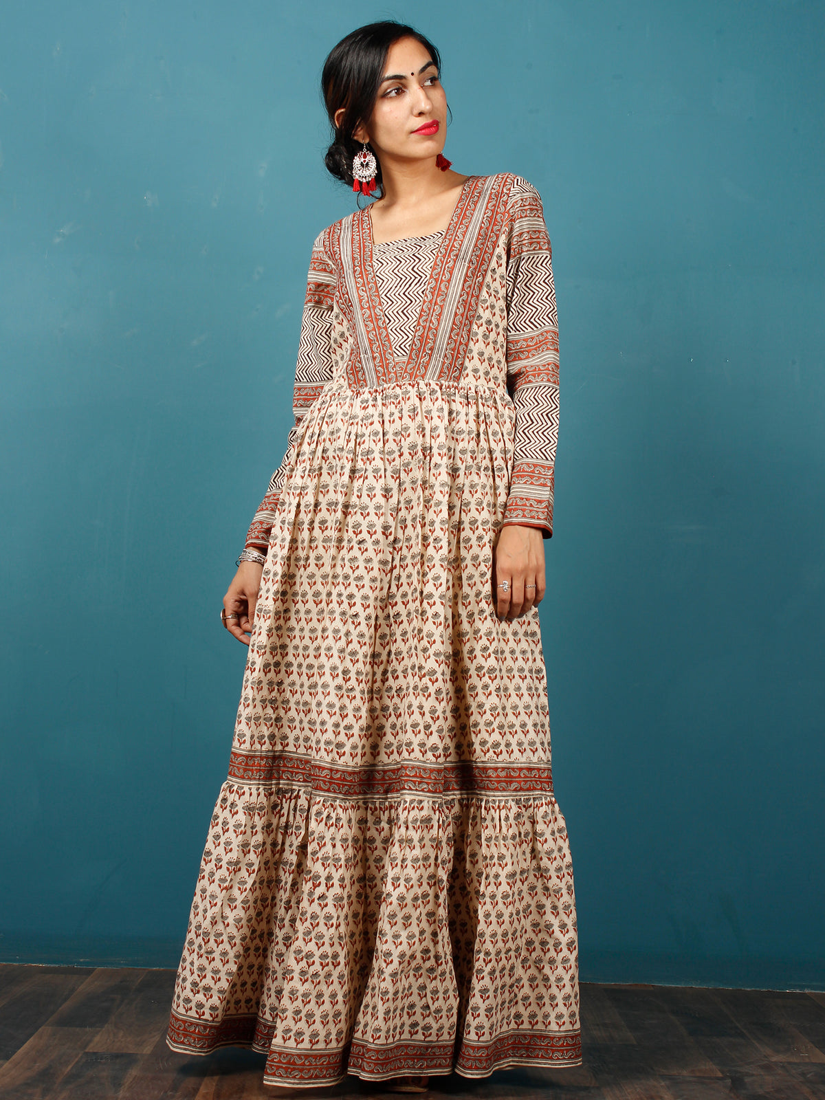 Naaz Beige Black Rust Grey Hand Block Printed Long Cotton Tier Dress With Gathers & Lining -  DS52F001
