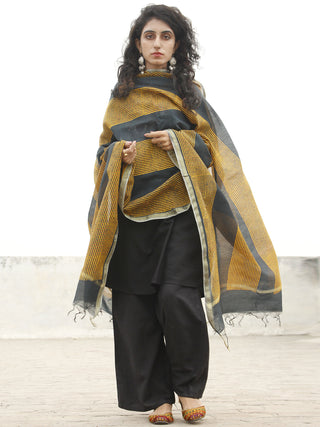 Black Mustard Yellow Chanderi Hand Black Printed & Hand Painted Dupatta - D04170213