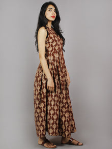 Chocolate Brown Beige Black Long Sleeveless Hand Block Printed Cotton Dress With Knife Pleats & Side Pockets - D3258201