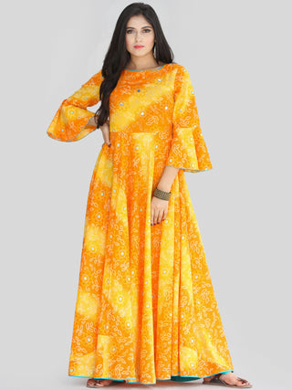 Maher - Yellow Orange Bandhani Printed Urave Cut Long Mirror Work Dress  - D381F2236
