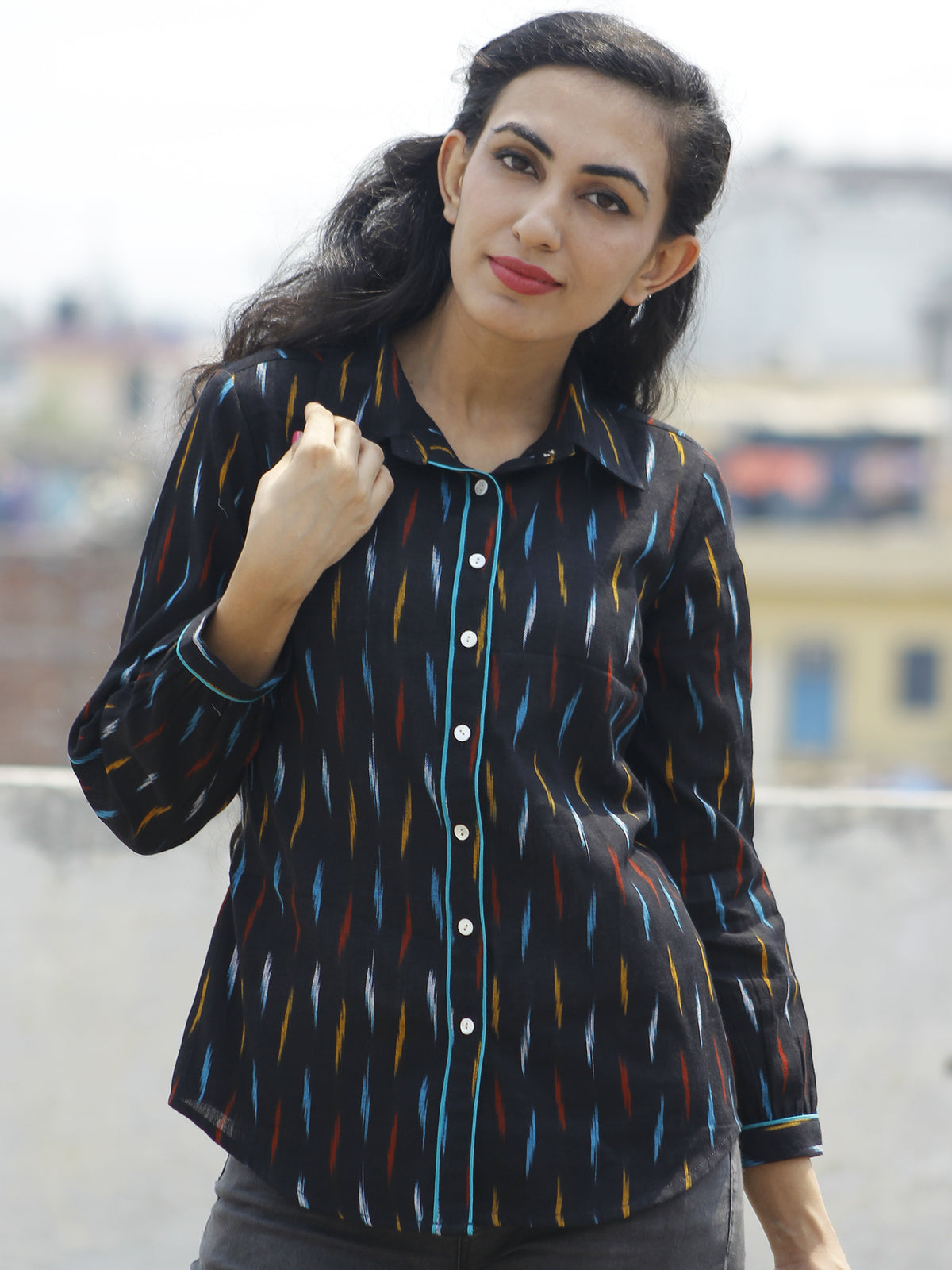 Black Blue Mustard Red Hand Woven Ikat Shirt  - T17F725