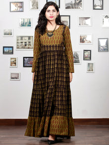 Olive Green Black Bagh Printed Cotton Long Tier Dress  - D135F1704