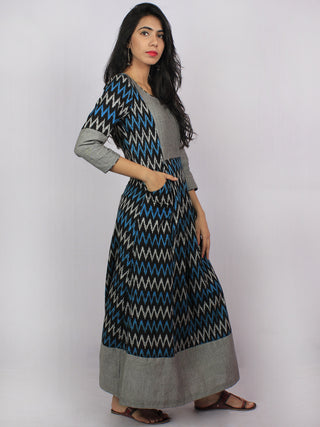 Black Grey Blue Ikat Handwoven Long Cotton & Linen Pleated Dress With Back Buttons - D2956701