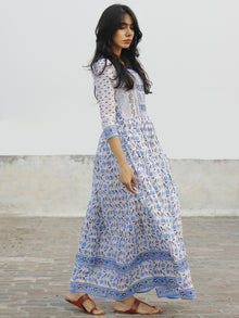 Naaz White Blue Grey Hand Block Printed Dress With Stand Collar And Gathers -  DS32F001