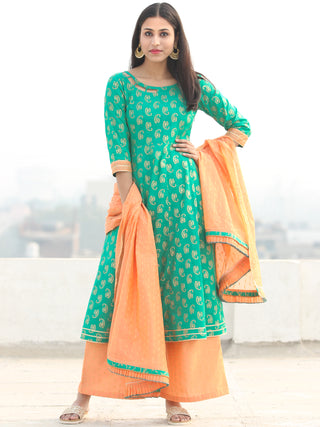 Pakiza - Green Gold Printed Kurta Chanderi Palazzo Set With Dupatta - SS02FYYY