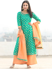 Pakiza - Green Gold Printed Kurta Chanderi Palazzo Set With Dupatta - SS02FYYY