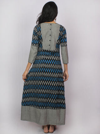 Black Grey Blue Ikat Handwoven Long Cotton & Linen Pleated Dress With Back Buttons - D2956701