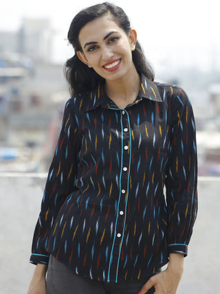 Black Blue Mustard Red Hand Woven Ikat Shirt  - T17F725