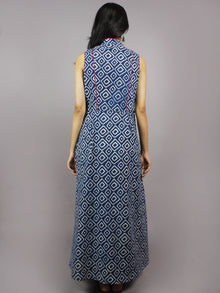 Indigo White Hand Block Printed Princess Line Stand Collar Dress - D40F893