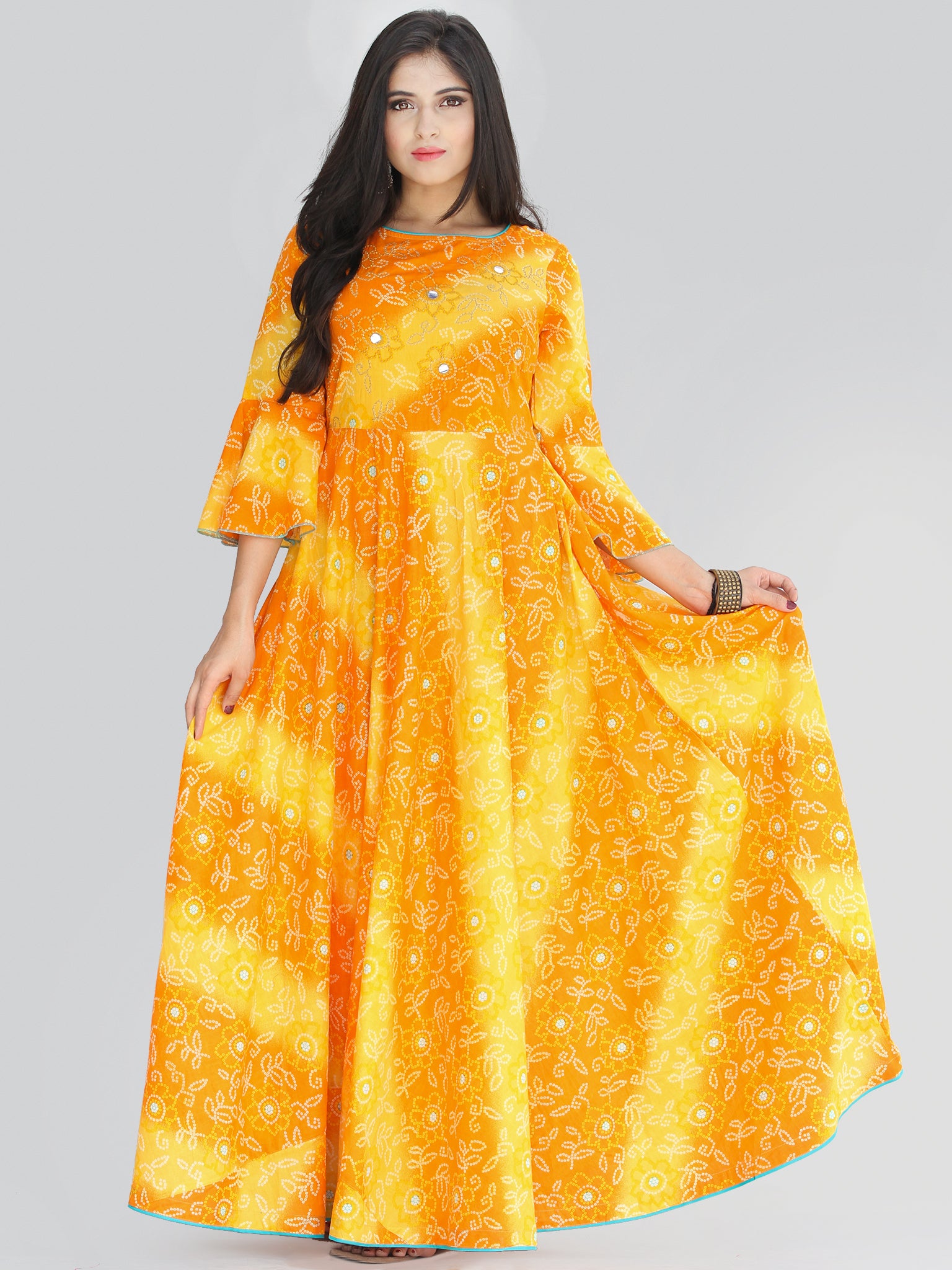 Maher - Yellow Orange Bandhani Printed Urave Cut Long Mirror Work Dres ...