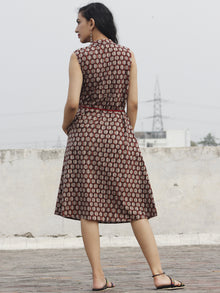 Brown Kashish Maroon Ivory Hand Block Printed Cotton Sleeveless Dress With Front Slit And Tie Up Waist - D89F432