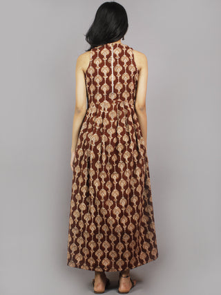 Chocolate Brown Beige Black Long Sleeveless Hand Block Printed Cotton Dress With Knife Pleats & Side Pockets - D3258201
