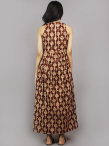 Chocolate Brown Beige Black Long Sleeveless Hand Block Printed Cotton Dress With Knife Pleats & Side Pockets - D3258201