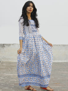 Naaz White Blue Grey Hand Block Printed Dress With Stand Collar And Gathers -  DS32F001