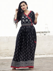 Naaz Afna - Black Ivory Grey  Maroon Hand Block Printed Angrakha Dress With Gathers -  DS19F001