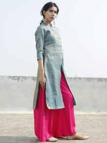 Blue Golden Brocade Kurta With Front Slit And Stand Collar- D124F001