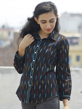 Black Blue Mustard Red Hand Woven Ikat Shirt  - T17F725