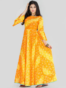 Maher - Yellow Orange Bandhani Printed Urave Cut Long Mirror Work Dress  - D381F2236