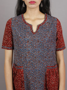 Indigo Maroon Beige Ajrakh Hand Block Printed Cotton Panel Dress With Front Pockets - D2164902