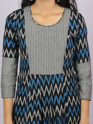 Black Grey Blue Ikat Handwoven Long Cotton & Linen Pleated Dress With Back Buttons - D2956701