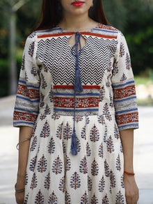 Naaz Ivory Blue Red Black Hand Block Printed Long Cotton Dress with Tassels - DS02F002