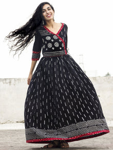 Naaz Afna - Black Ivory Grey  Maroon Hand Block Printed Angrakha Dress With Gathers -  DS19F001