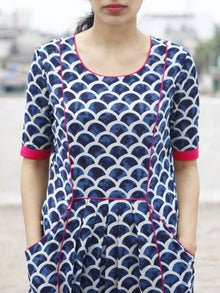 Indigo Ivory Fluorescent Pink Color Hand Block Ajrakh Printed Cotton Knife Pleated Dress - D23F870