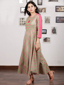 Pink Light Green Handloom Mercerised Ikat Long Cotton Dress - D315F1033