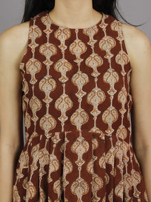 Chocolate Brown Beige Black Long Sleeveless Hand Block Printed Cotton Dress With Knife Pleats & Side Pockets - D3258201