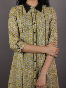 Mustard Yellow Black Beige Hand Block Printed Cotton Shirt Dress - D2446901