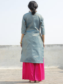 Blue Golden Brocade Kurta With Front Slit And Stand Collar- D124F001