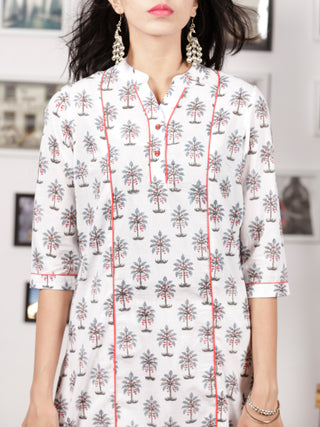 White Green Red Hand Block Printed Kurta In Natural Colors - K96F1496