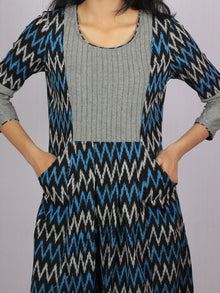Black Grey Blue Ikat Handwoven Long Cotton & Linen Pleated Dress With Back Buttons - D2956701