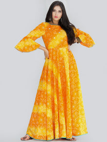 Maher - Yellow Orange Bandhani Printed Urave Cut Long Mirror Work Dress  - D381F2236