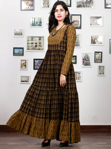 Olive Green Black Bagh Printed Cotton Long Tier Dress  - D135F1704