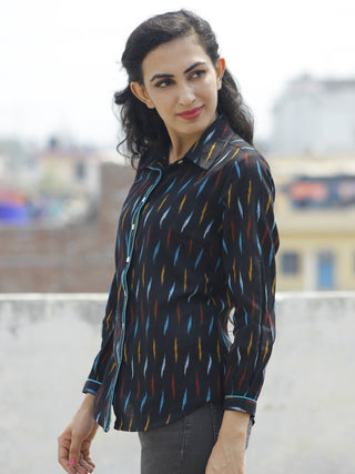 Black Blue Mustard Red Hand Woven Ikat Shirt  - T17F725