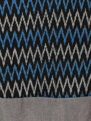 Black Grey Blue Ikat Handwoven Long Cotton & Linen Pleated Dress With Back Buttons - D2956701