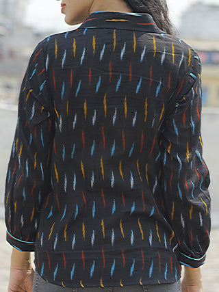 Black Blue Mustard Red Hand Woven Ikat Shirt  - T17F725