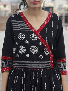 Naaz Afna - Black Ivory Grey  Maroon Hand Block Printed Angrakha Dress With Gathers -  DS19F001
