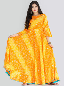 Maher - Yellow Orange Bandhani Printed Urave Cut Long Mirror Work Dress  - D381F2236