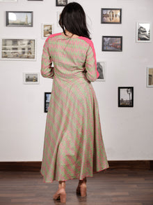Pink Light Green Handloom Mercerised Ikat Long Cotton Dress - D315F1033