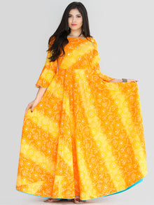 Maher - Yellow Orange Bandhani Printed Urave Cut Long Mirror Work Dress  - D381F2236