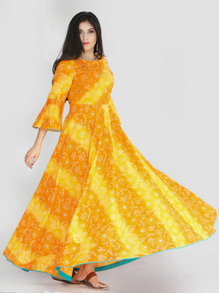 Maher - Yellow Orange Bandhani Printed Urave Cut Long Mirror Work Dress  - D381F2236
