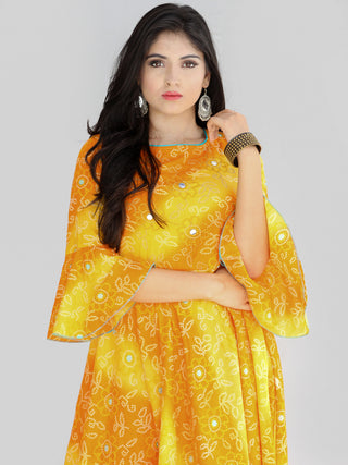 Maher - Yellow Orange Bandhani Printed Urave Cut Long Mirror Work Dress  - D381F2236