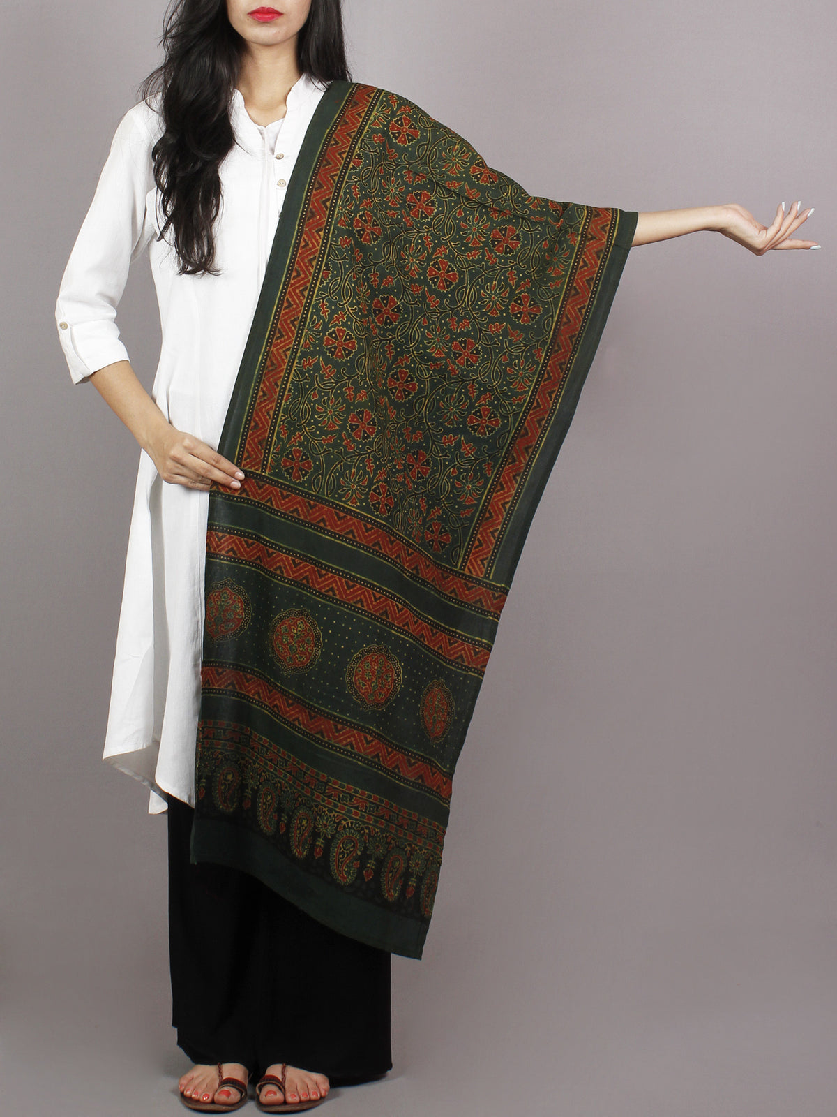 Dark Green Maroon Black Mughal Nakashi Ajrakh Hand Block Printed Cotton Stole - S63170147