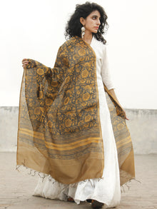 Black Mustard Yellow Chanderi Hand Black Printed & Hand Painted Dupatta - D04170246